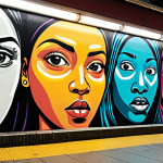 **A vibrant, large-scale mural in a bustling subway station.** Capture the energy of the city with bold colors, intricate patterns, and diverse faces. Commuters rush by, momentarily captivated by the art, their faces reflecting inspiration and surprise. The mural should evoke a sense of community pride and urban revitalization, with elements of street art influence.