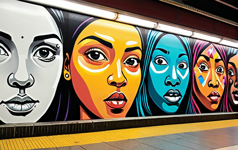 **A vibrant, large-scale mural in a bustling subway station.** Capture the energy of the city with bold colors, intricate patterns, and diverse faces. Commuters rush by, momentarily captivated by the art, their faces reflecting inspiration and surprise. The mural should evoke a sense of community pride and urban revitalization, with elements of street art influence.