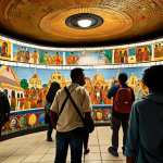 **

A vibrant mosaic mural in a subway station, depicting scenes of Dominican culture, with commuters in the foreground looking up in appreciation. Focus on the rich colors and intricate details of the artwork. Style: Realistic, detailed, with a slightly warm color palette to evoke the atmosphere of the neighborhood.

**