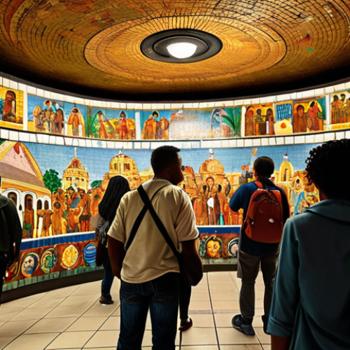 Home 6 **
A vibrant mosaic mural in a subway station, depicting scenes of Dominican culture, with commuters in the foreground looking up in appreciation. Focus on the rich colors and intricate details of the artwork. Style: Realistic, detailed, with a slightly warm color palette to evoke the atmosphere of the neighborhood.
**