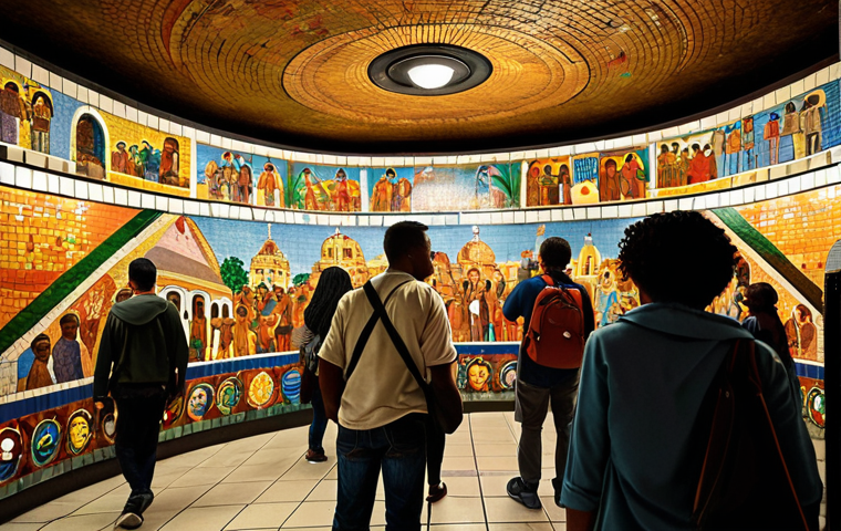 **

A vibrant mosaic mural in a subway station, depicting scenes of Dominican culture, with commuters in the foreground looking up in appreciation. Focus on the rich colors and intricate details of the artwork. Style: Realistic, detailed, with a slightly warm color palette to evoke the atmosphere of the neighborhood.

**