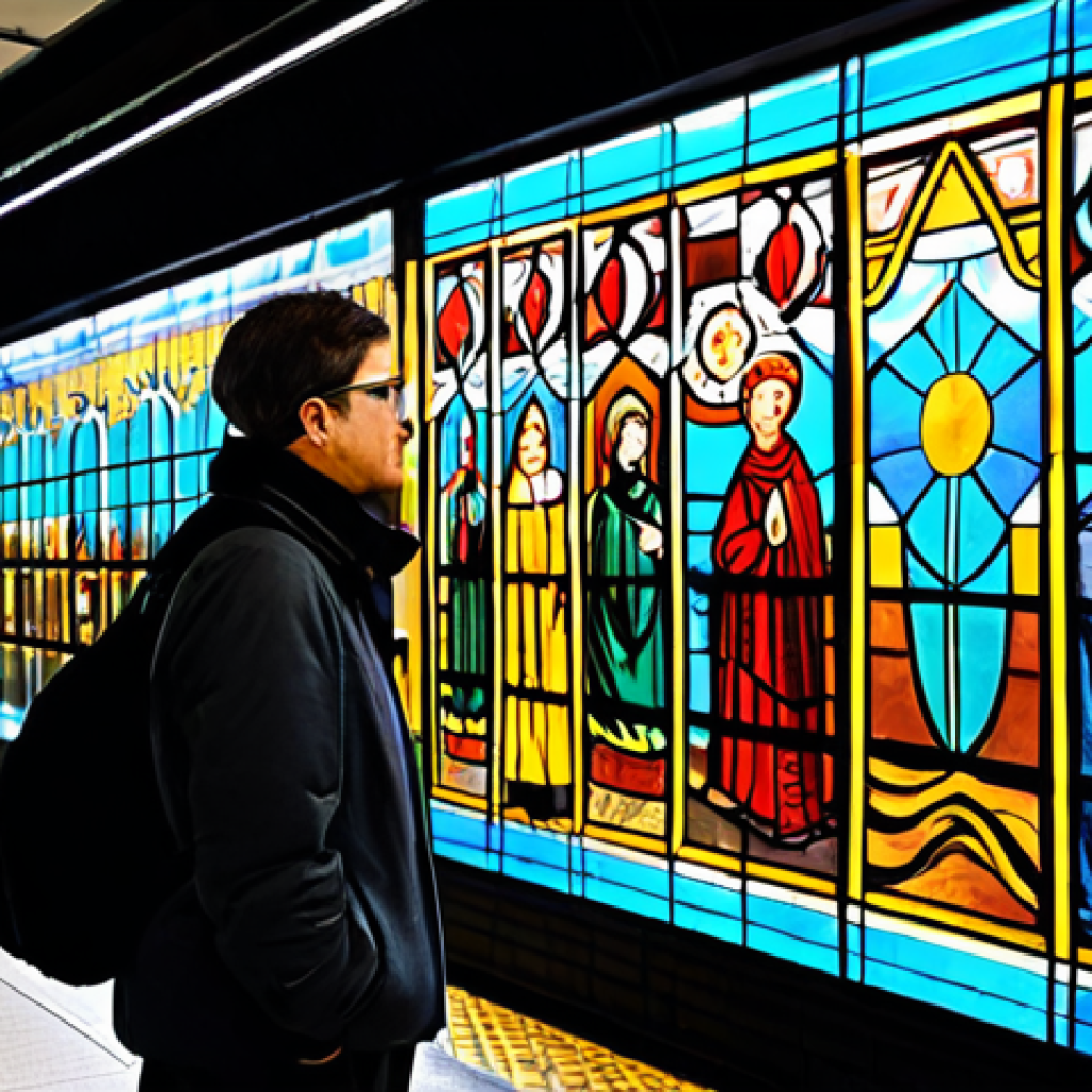 지하철 아트의 글로벌 트렌드 - Montreal Subway Art**

"A commuter pauses to admire a vibrant stained-glass mural in a Montreal subw...