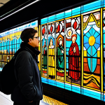 지하철 아트의 글로벌 트렌드 - Montreal Subway Art**

"A commuter pauses to admire a vibrant stained-glass mural in a Montreal subw...