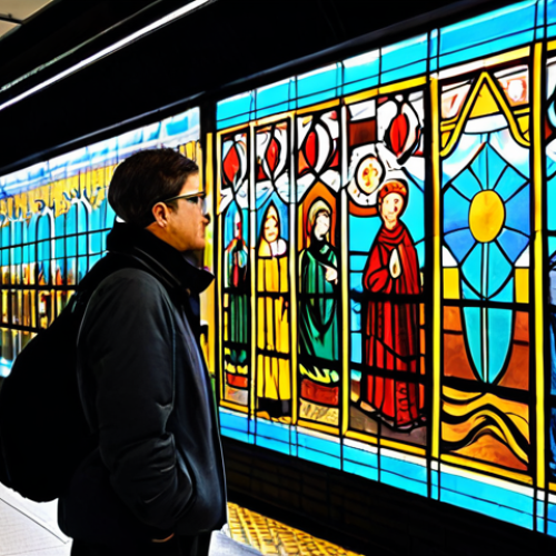 Home 4 지하철 아트의 글로벌 트렌드 - Montreal Subway Art**
"A commuter pauses to admire a vibrant stained-glass mural in a Montreal subw...