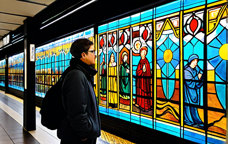 지하철 아트의 글로벌 트렌드 - Montreal Subway Art**
"A commuter pauses to admire a vibrant stained-glass mural in a Montreal subw...
