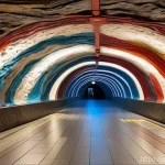 지하철 아트와 혁신적 아이디어 - A vibrant, fantastical subway station interior in the style of Stockholm's Tunnelbana, carved direct...