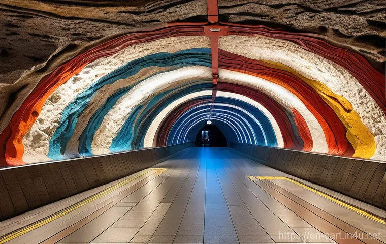 지하철 아트와 혁신적 아이디어 - A vibrant, fantastical subway station interior in the style of Stockholm's Tunnelbana, carved direct...