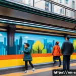 지하철 아트 공공미술의 정의 - **Prompt:** A vibrant, large-scale mural adorning the wall of a modern, well-lit subway station plat...