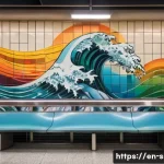 지하철 예술과 공간 활용 - A vibrant subway station interior featuring a large, colorful mural that celebrates the multicultura...