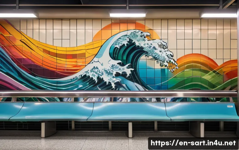 지하철 예술과 공간 활용 - A vibrant subway station interior featuring a large, colorful mural that celebrates the multicultura...