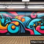 Home 19 서울 지하철 아트 프로젝트 사례 - A vibrant subway station mural celebrating youth culture and music, featuring dynamic graffiti-style...
