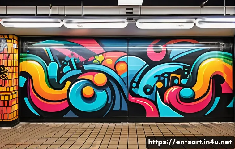 서울 지하철 아트 프로젝트 사례 - A vibrant subway station mural celebrating youth culture and music, featuring dynamic graffiti-style...