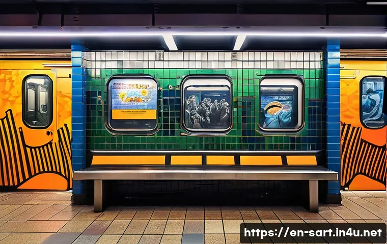 지하철 미술 관람 팁 - A vibrant New York City subway station interior featuring large-scale murals and sculptures in mixed...