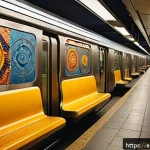 Home 23 지하철 아트와 전통 예술의 융합 - A vibrant urban subway platform featuring a large handcrafted mural that blends indigenous weaving m...