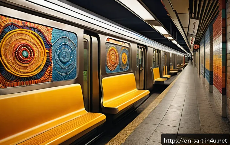 지하철 아트와 전통 예술의 융합 - A vibrant urban subway platform featuring a large handcrafted mural that blends indigenous weaving m...