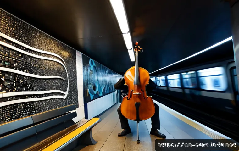Home 17 지하철 아트와 음악적 요소 - Photorealistic modern urban subway platform featuring a large abstract mosaic mural inspired by flow...